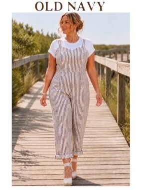 3X Old Navy Plus Linen Blend Striped Jumpsuit in Earth Brown Stripe